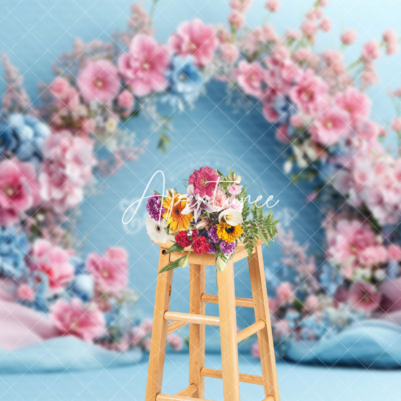 Aperturee - Aperturee Romantic Pink Blue Floral Wedding Photo Backdrop