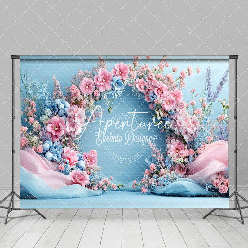 Aperturee - Aperturee Romantic Pink Blue Floral Wedding Photo Backdrop