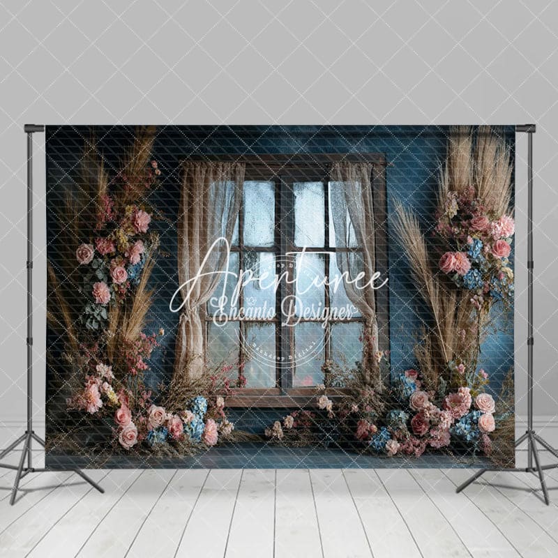 Aperturee - Aperturee Romantic Pink Blue Rose Window Boho Wedding Backdrop