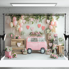 Aperturee - Aperturee Romantic Pink Bus Floral Greenery Balloons Backdrop