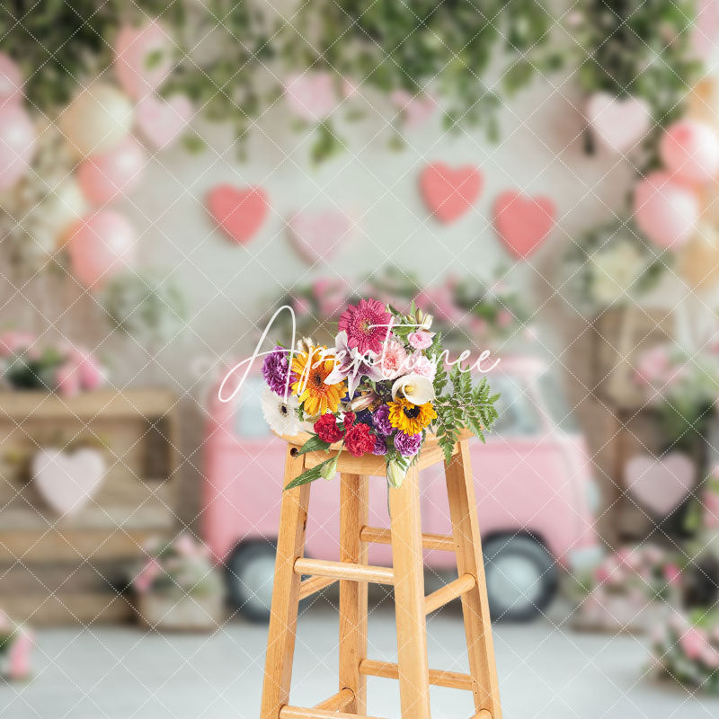 Aperturee - Aperturee Romantic Pink Bus Floral Greenery Balloons Backdrop