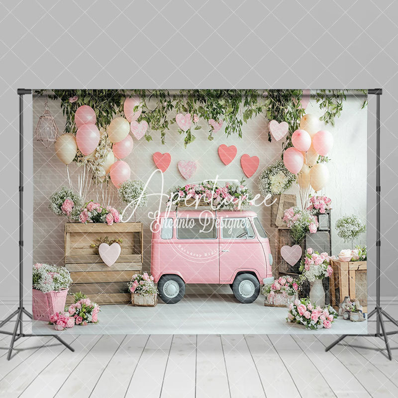 Aperturee - Aperturee Romantic Pink Bus Floral Greenery Balloons Backdrop