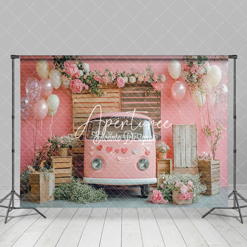 Aperturee - Aperturee Romantic Pink Bus Floral Valentines Day Backdrop