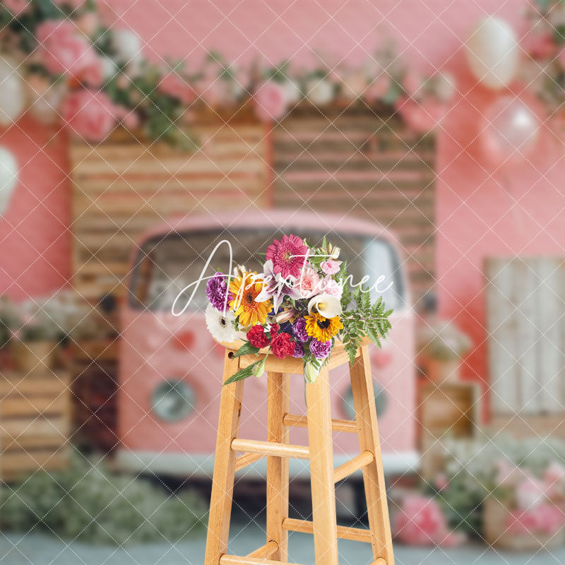 Aperturee - Aperturee Romantic Pink Bus Floral Valentines Day Backdrop