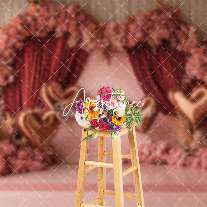 Aperturee - Aperturee Romantic Pink Curtain Floral Valentines Day Backdrop