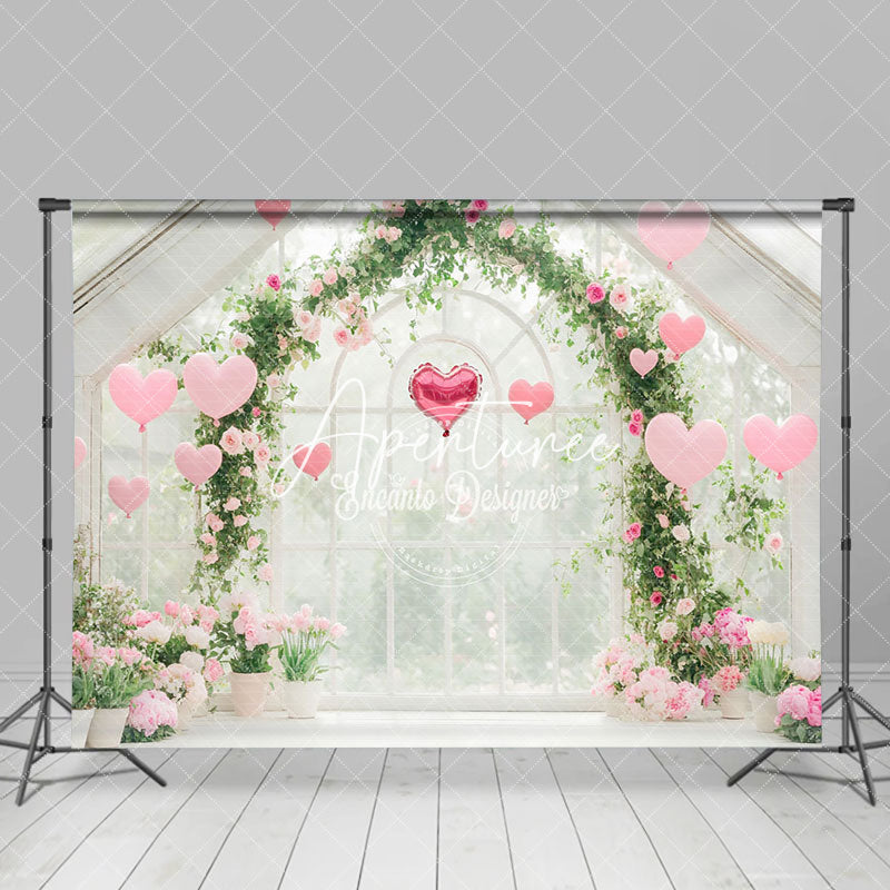 Aperturee - Aperturee Romantic Pink Floral Greenhouse Balloons Backdrop