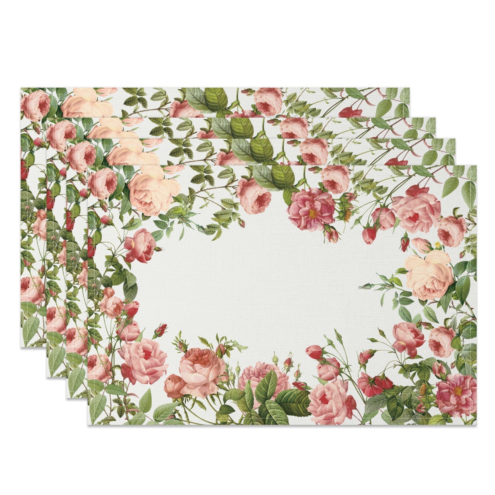 Aperturee - Aperturee Romantic Pink Floral Leaves Spring Set Of 4 Placemats