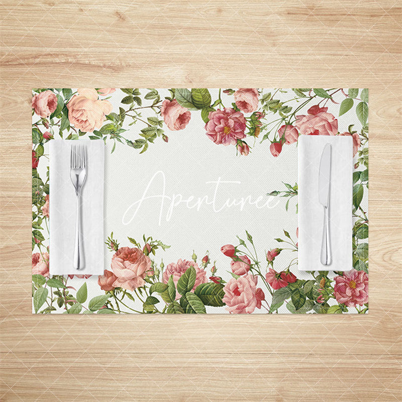 Aperturee - Aperturee Romantic Pink Floral Leaves Spring Set Of 4 Placemats