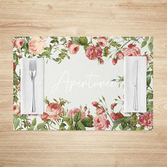 Aperturee - Aperturee Romantic Pink Floral Leaves Spring Set Of 4 Placemats