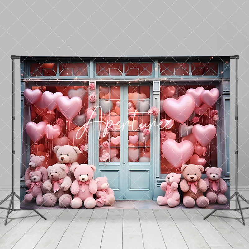 Aperturee - Aperturee Romantic Pink Heart Bear Shop Valentines Day Backdrop