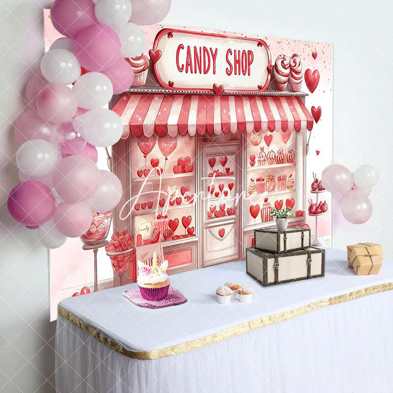 Aperturee - Aperturee Romantic Pink Hearts Candy Shop Birthday Backdrop