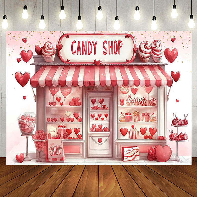 Aperturee - Aperturee Romantic Pink Hearts Candy Shop Birthday Backdrop