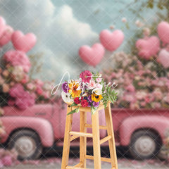 Aperturee - Aperturee Romantic Pink Truck Balloons Floral Cloud Backdrop