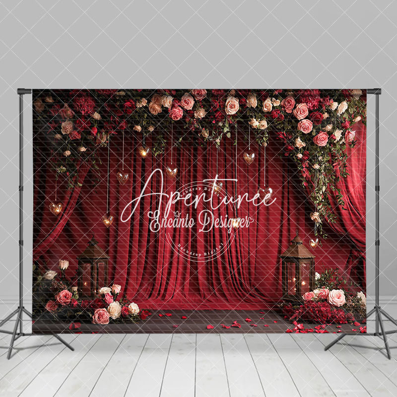 Aperturee - Aperturee Romantic Red Curtain Floral Valentines Day Backdrop