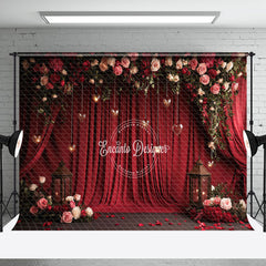 Aperturee - Aperturee Romantic Red Curtain Floral Valentines Day Backdrop