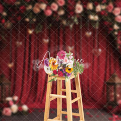 Aperturee - Aperturee Romantic Red Curtain Floral Valentines Day Backdrop