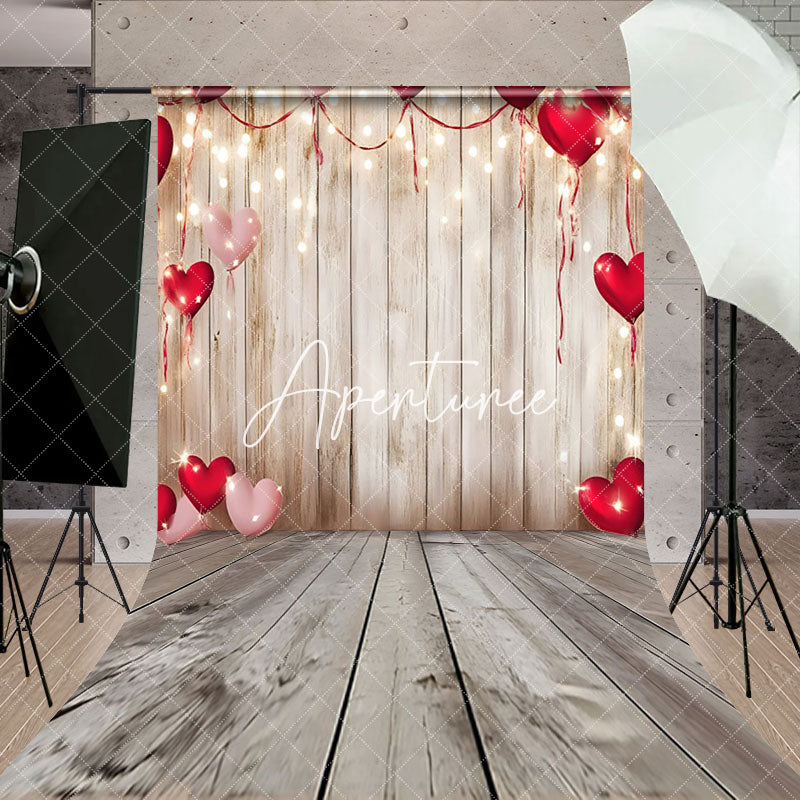 Aperturee - Aperturee Romantic Red Heart Wood Sweep Valentines Day Backdrop