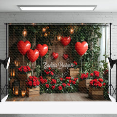 Aperturee - Aperturee Romantic Red Rose Balloons Greenery Wood Backdrop