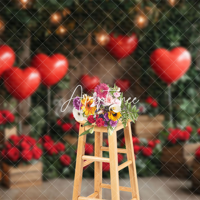 Aperturee - Aperturee Romantic Red Rose Balloons Greenery Wood Backdrop