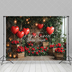 Aperturee - Aperturee Romantic Red Rose Balloons Greenery Wood Backdrop