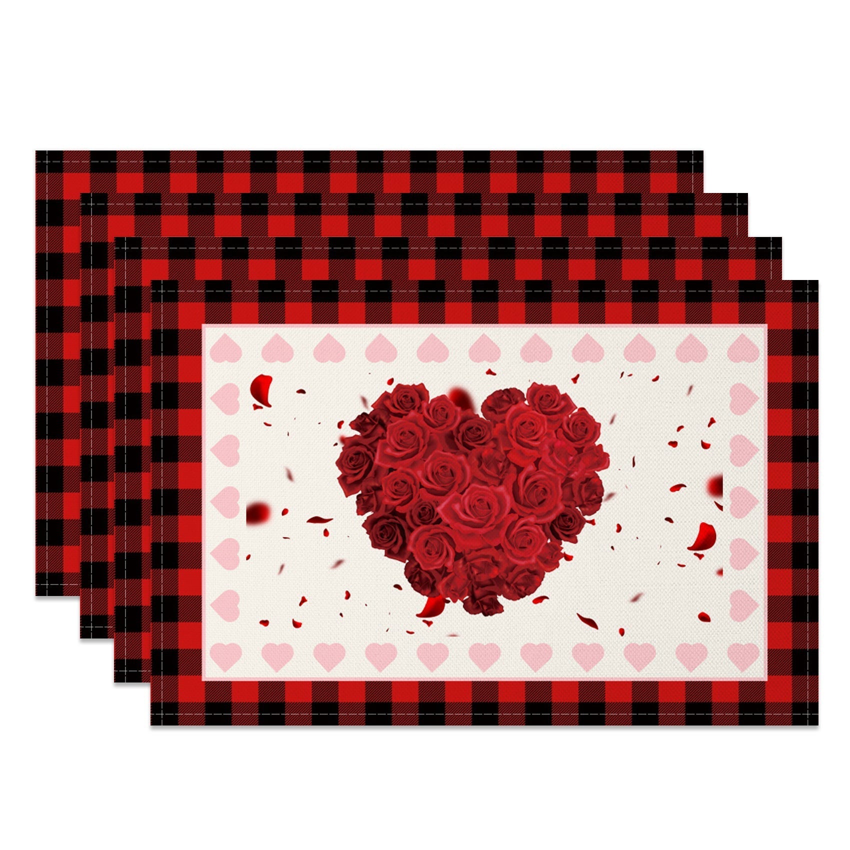 Aperturee - Aperturee Romantic Red Rose Valentines Day Set Of 4 Placemats