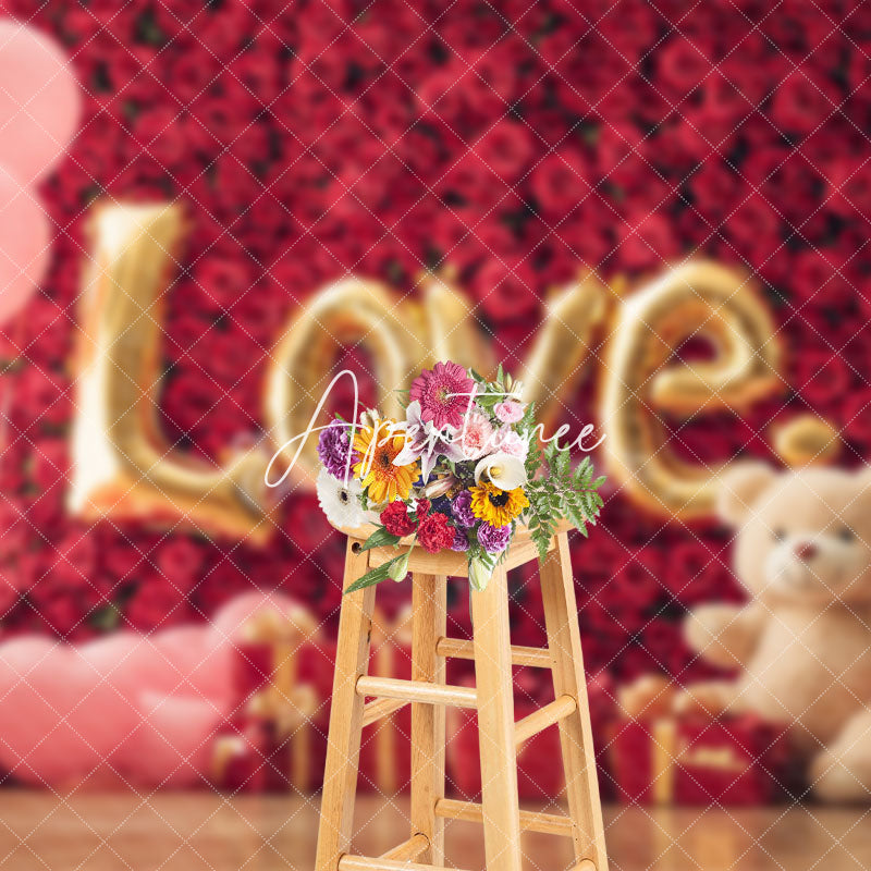 Aperturee - Aperturee Romantic Red Rose Wall Pink Balloon Bear Backdrop