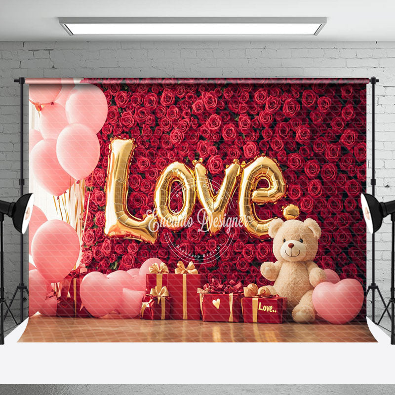 Aperturee - Aperturee Romantic Red Rose Wall Pink Balloon Bear Backdrop