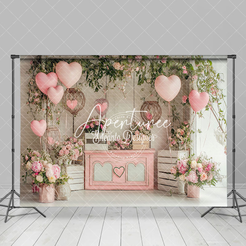 Aperturee - Aperturee Romantic Retro Pink Balloons Valentines Day Backdrop