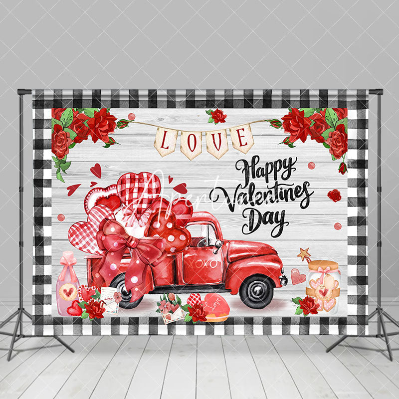 Aperturee - Aperturee Romantic Rose Red Truck Wood Valentines Day Backdrop