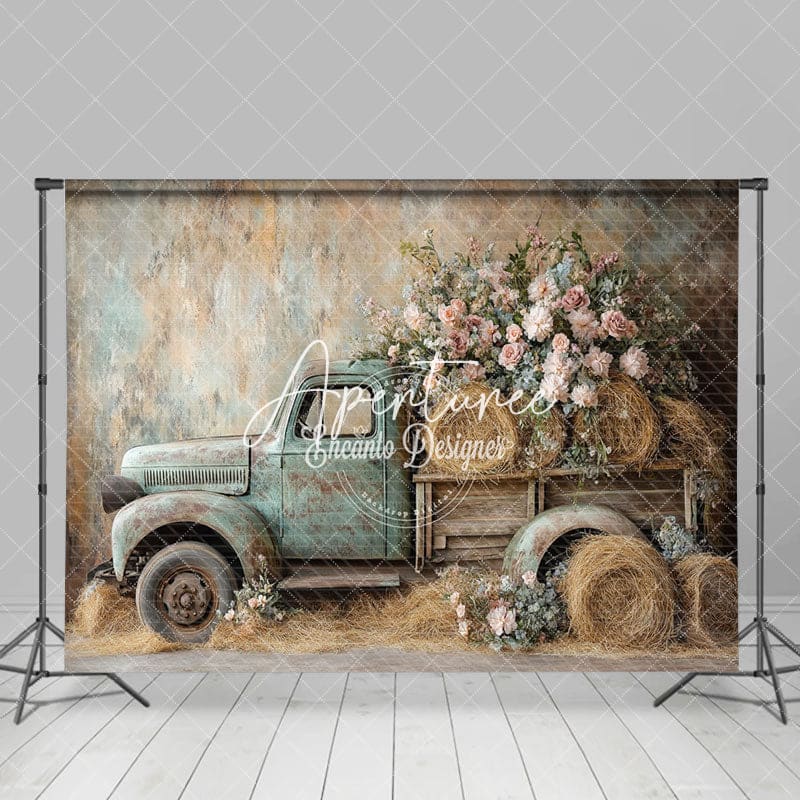 Aperturee - Aperturee Romantic Spring Truck Floral Photography Backdrop