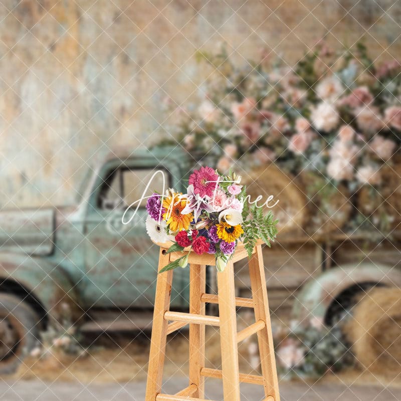 Aperturee - Aperturee Romantic Spring Truck Floral Photography Backdrop