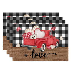 Aperturee - Aperturee Romantic Valentines Red Truck Love Set Of 4 Placemats