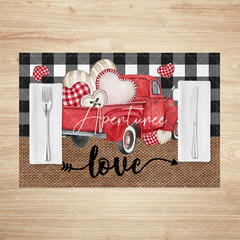 Aperturee - Aperturee Romantic Valentines Red Truck Love Set Of 4 Placemats