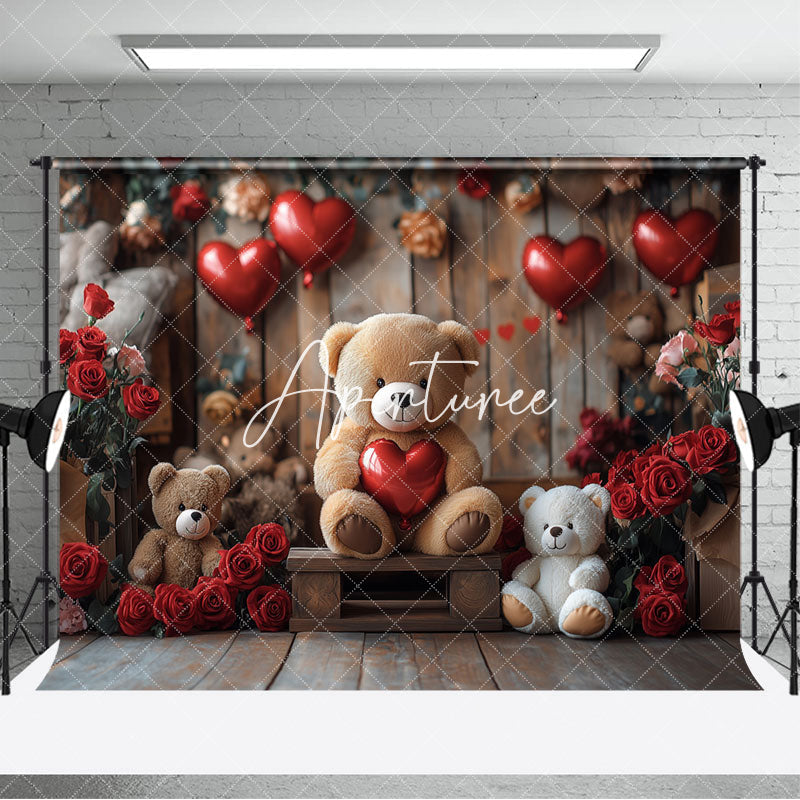 Aperturee - Aperturee Rose Bear Romantic Valentines Day Room Set Backdrop