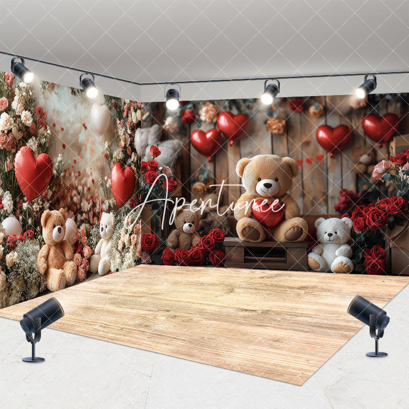 Aperturee - Aperturee Rose Bear Romantic Valentines Day Room Set Backdrop