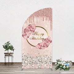 Aperturee - Aperturee Rose Gold Glitter Floral Happy Birthday Arch Backdrop