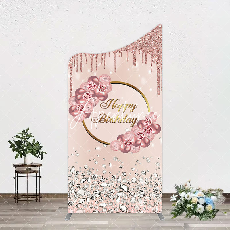 Aperturee - Aperturee Rose Gold Glitter Floral Happy Birthday Arch Backdrop