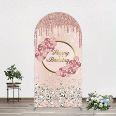 Aperturee - Aperturee Rose Gold Glitter Floral Happy Birthday Arch Backdrop