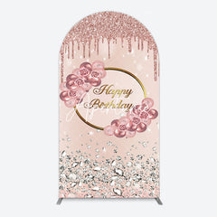 Aperturee - Aperturee Rose Gold Glitter Floral Happy Birthday Arch Backdrop