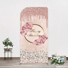 Aperturee - Aperturee Rose Gold Glitter Floral Happy Birthday Arch Backdrop