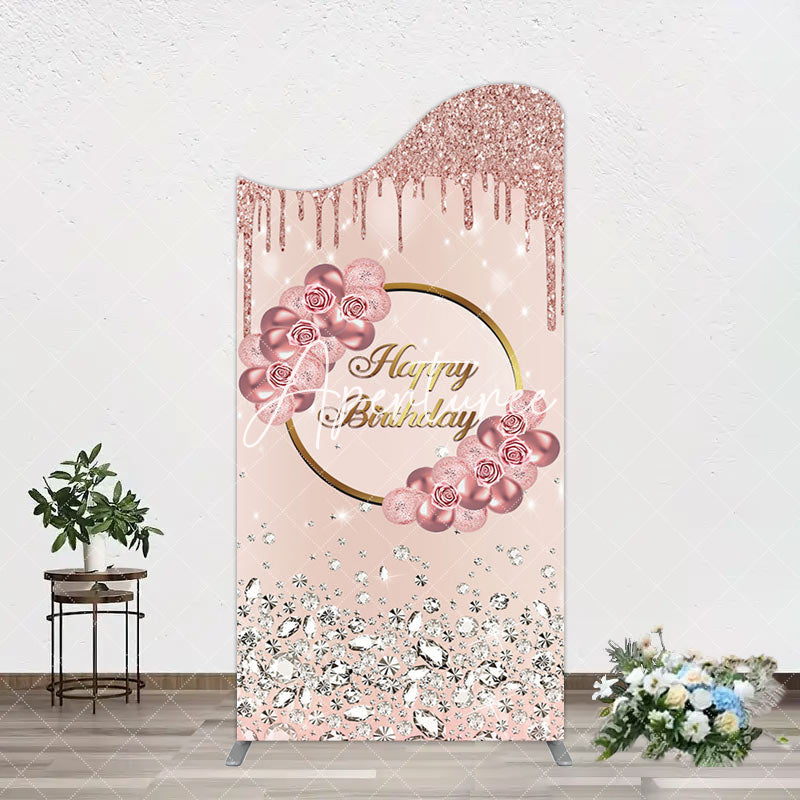 Aperturee - Aperturee Rose Gold Glitter Floral Happy Birthday Arch Backdrop