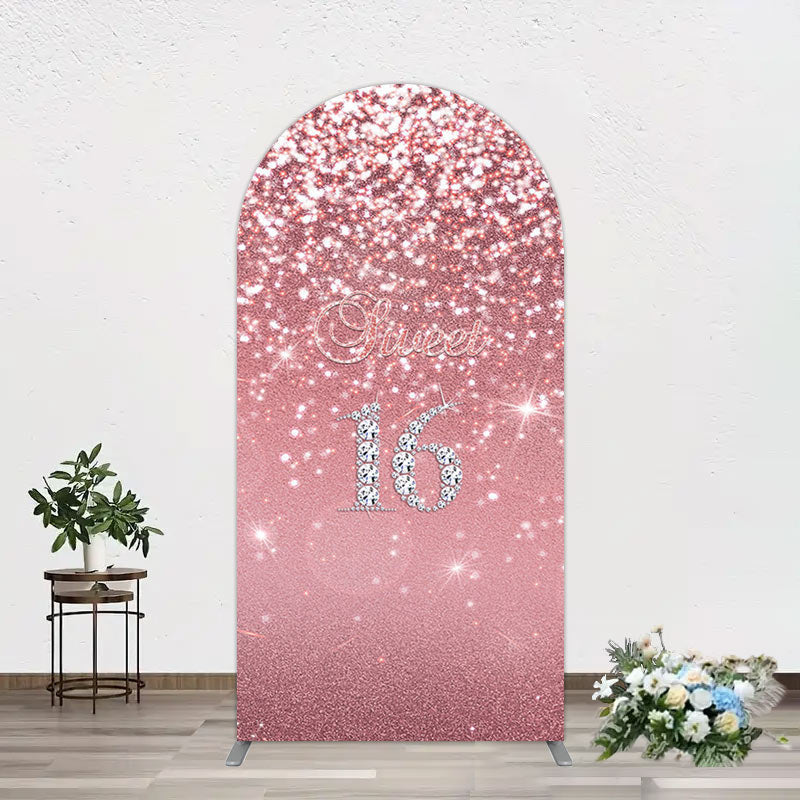 Aperturee - Aperturee Rose Gold Glitter Sweet 16 Birthday Arch Backdrop