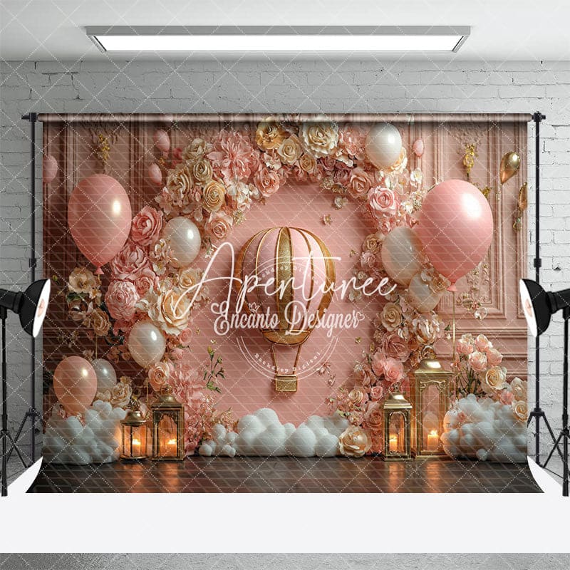 Aperturee - Aperturee Rose Gold Hot Air Balloon Birthday Cake Smash Backdrop