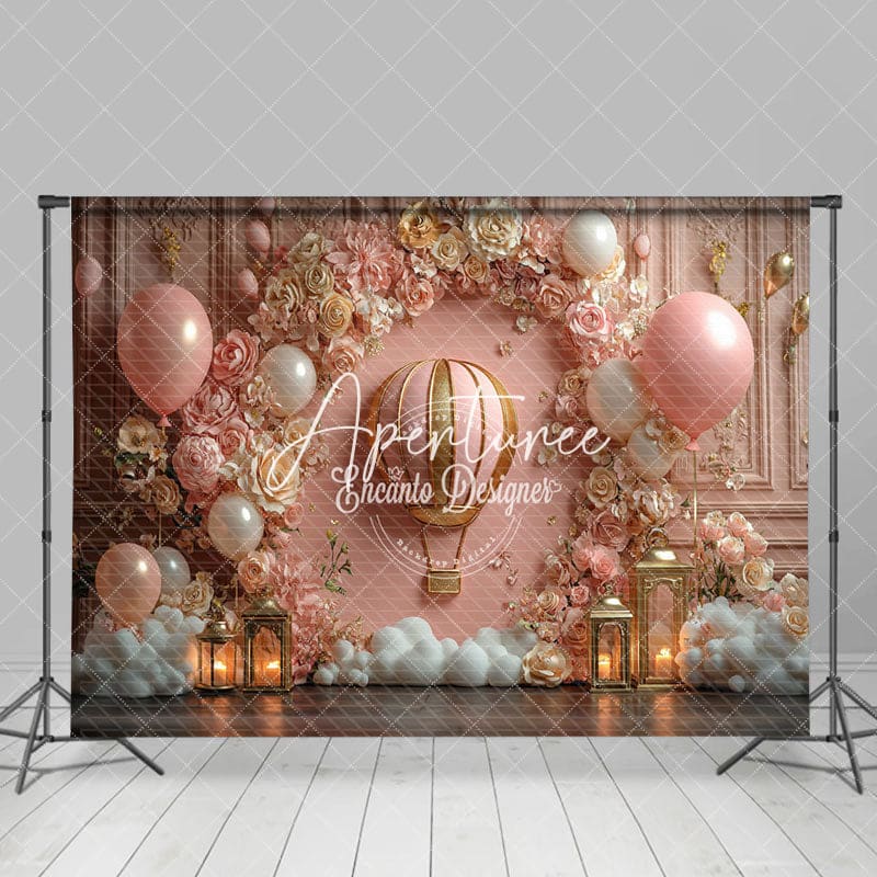 Aperturee - Aperturee Rose Gold Hot Air Balloon Birthday Cake Smash Backdrop