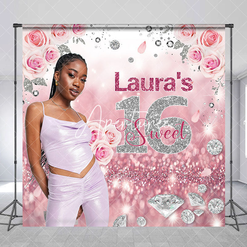 Aperturee - Aperturee Rose Gold Silver Floral Custom Sweet 16 Backdrop