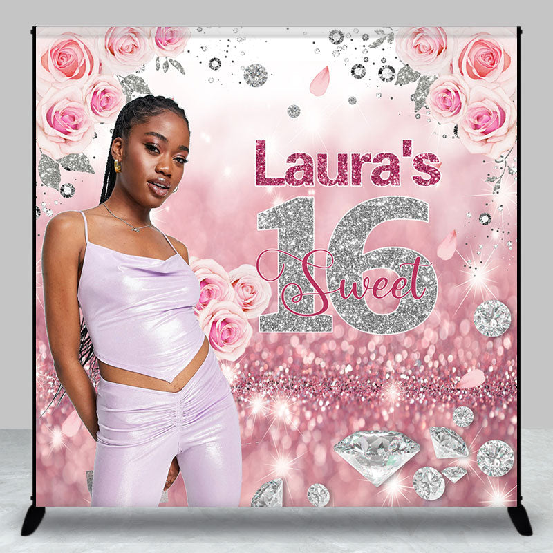 Aperturee - Aperturee Rose Gold Silver Floral Custom Sweet 16 Backdrop