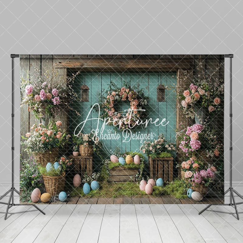 Aperturee - Aperturee Rose Wreath Blue Retro Wood Wall Eggs Easter Backdrop