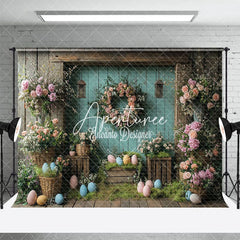 Aperturee - Aperturee Rose Wreath Blue Retro Wood Wall Eggs Easter Backdrop