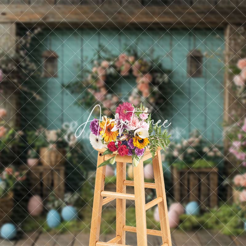 Aperturee - Aperturee Rose Wreath Blue Retro Wood Wall Eggs Easter Backdrop