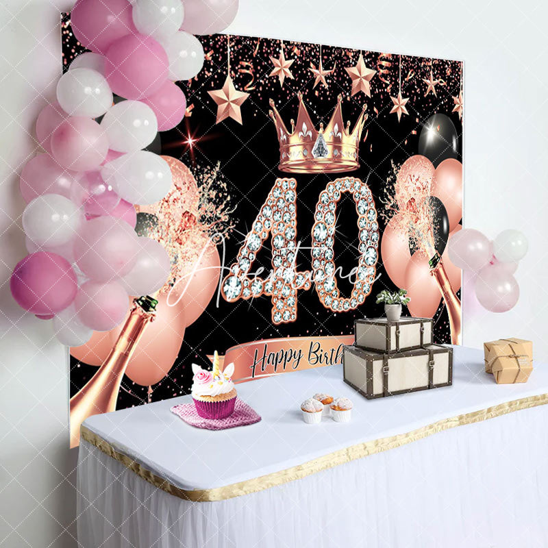 Aperturee - Aperturee Rosegold Queue Happy Birthday Crown Balloon Backdrop